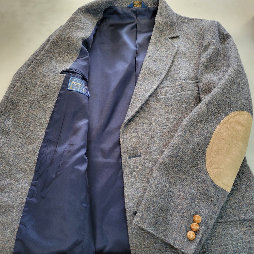 Pendleton Mens Gray 100% Virgin Wool Blazer Jacket Suede Elbow Patches Size 42R